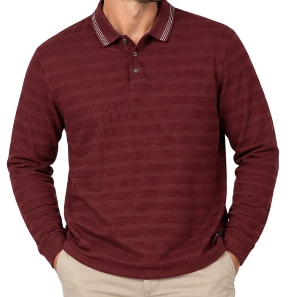Ted Baker London Burgundy Textured Stripe Long Sleeve Polo Shirt Men's 6 XXL